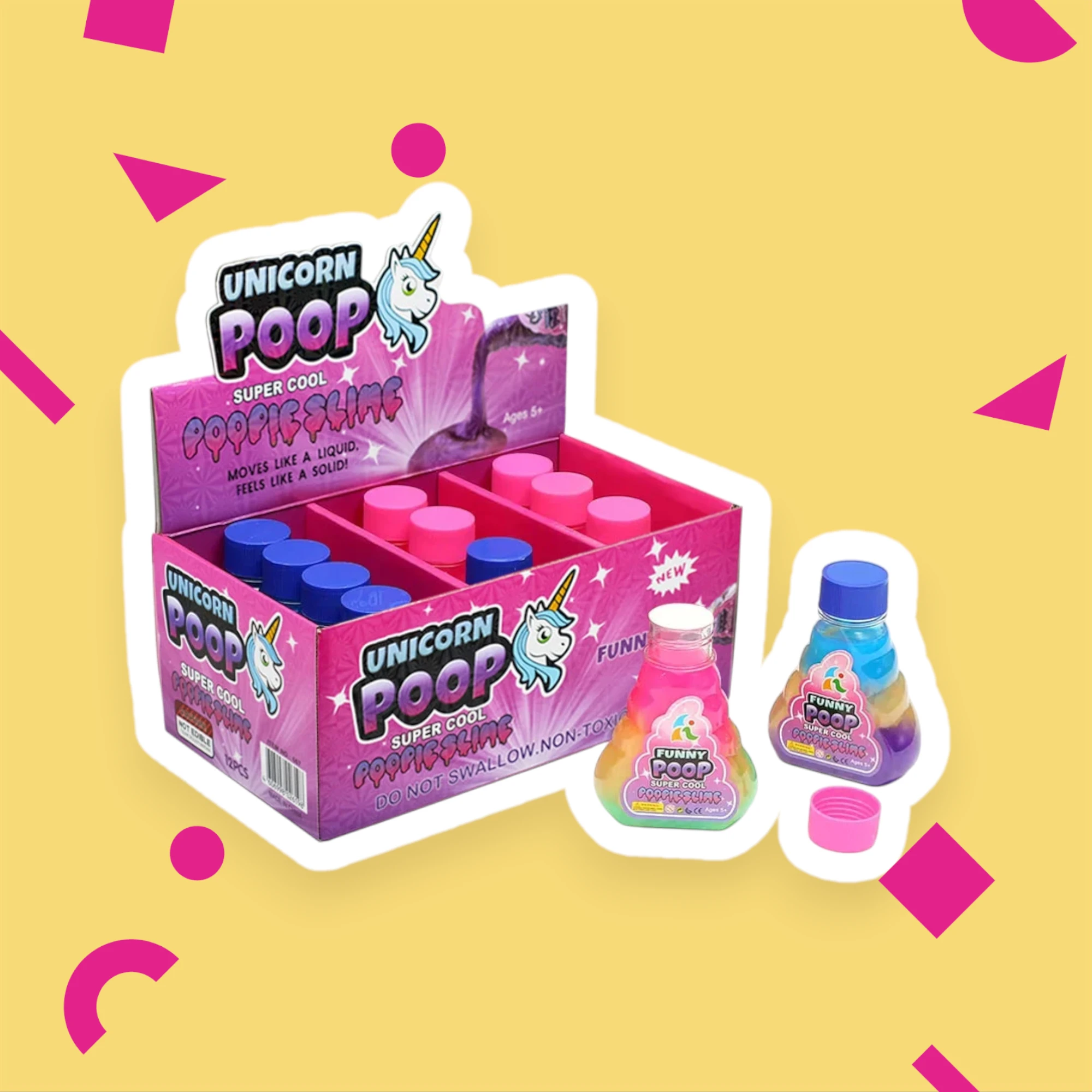 En färgglad uppsättning av Unicorn Poop slime-flaskor i en rosa display med en enhörningslogotyp